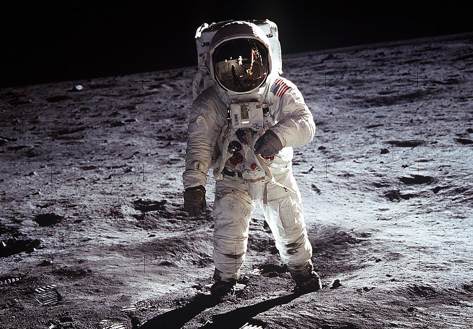 Astronaut Buzz Aldrin, Lunar Module pilot, walks on the surface of the Moon near the leg of the Lunar Module (LM) "Eagle" during the Apollo 11 extravehicular activity (EVA). Astronaut Neil A. Armstrong, commander, took this photograph. Credit: NASA