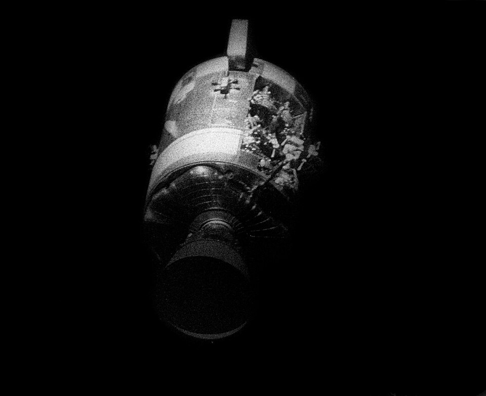 Apollo13 - view of the crippled Service Module after separation. Credit: NASAScan by Kipp Teague, Public domain, via Wikimedia Commons