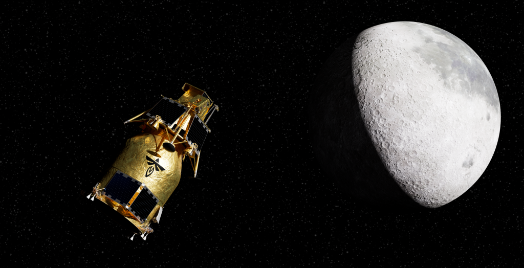 The three-spacecraft stack — Elytra, Blue Ghost, and Lunar Pathfinder — approaching the Moon, with the far side terrain visible. Credit: Firefly Aerospace