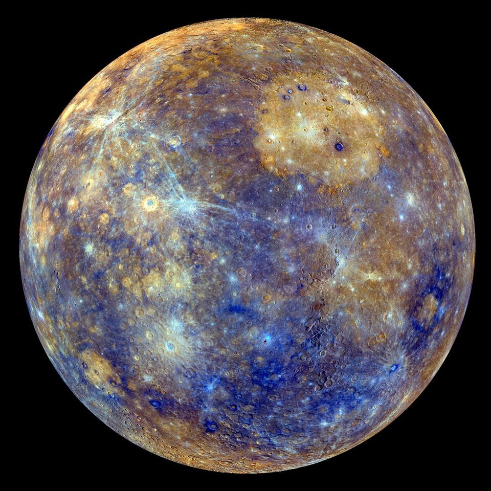 This colorful view of Mercury was produced by using images from the color base map imaging campaign during MESSENGER's primary mission. These colors are not what Mercury would look like to the human eye, but rather the colors enhance the chemical, mineralogical, and physical differences between the rocks that make up Mercury's surface. Credit: NASA/Johns Hopkins University Applied Physics Laboratory/Carnegie Institution of Washington, Public domain, via Wikimedia Commons