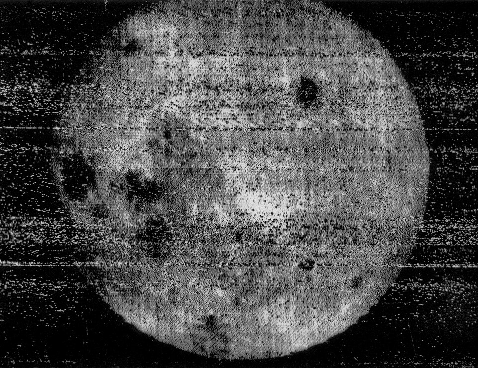 Historic photo - the first full view of significant quality (cropped frame number 29)[1], of the first series of photos of the far side of the Moon, taken by Luna 3, October 7, 1959. OKB-1, Public domain, via Wikimedia Commons