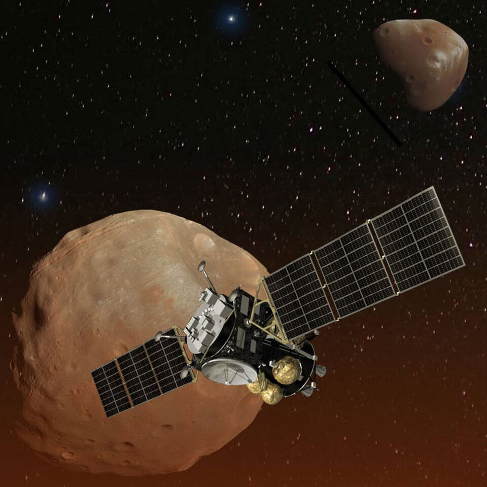 Artist’s concept of Japan’s Mars Moons eXploration (MMX) spacecraft, carrying a NASA instrument to study the Martian moons Phobos and Deimos. NASA, Public domain, via Wikimedia Commons