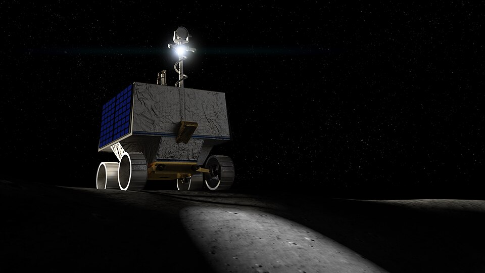 VIPER (Volatiles Investigating Polar Exploration Rover) is a planned robotic lunar rover by NASA, that will be tasked to prospect for natural lunar resources, especially water ice within a permanently shadowed region near the lunar south pole. Credit: NASA, Public domain, via Wikimedia Commons