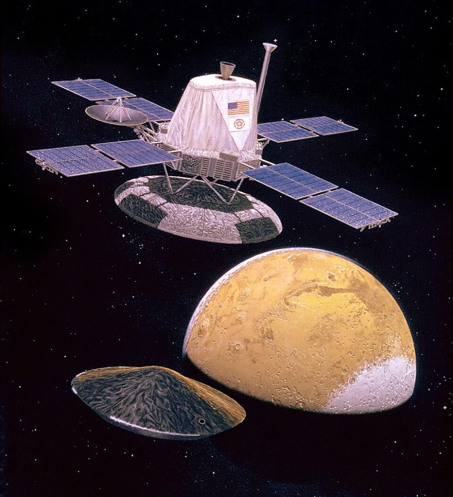 Artist's impression of the Viking Orbiter spacecraft. Artist's description: "The Viking Orbiter spacecraft releases the aeroshell clad lander near the 'high point' of it's orbit around Mars. The planet is shown based on Mariner 9 photography. Don Davis, Public domain, via Wikimedia Commons
