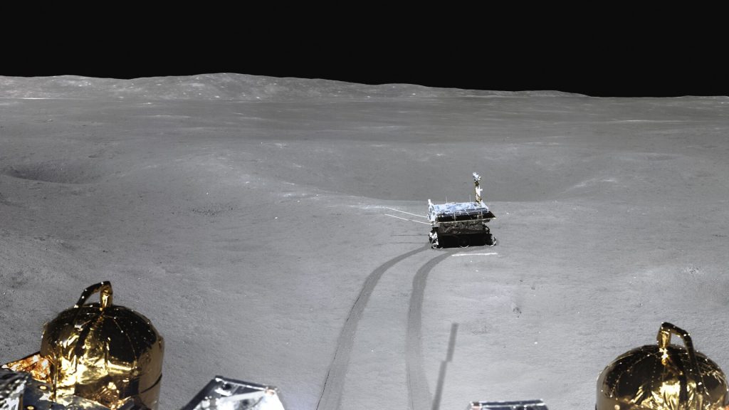 Yutu-2 leaving Chang e-4 on the far side of the moon. Credit: CNSA, CC BY 4.0 , via Wikimedia Commons
