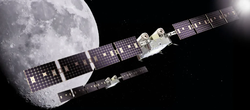 An artist’s rendering of NASA’s CAPSTONE 02 spacecraft in lunar orbit. Terran Orbital. Credit NASA