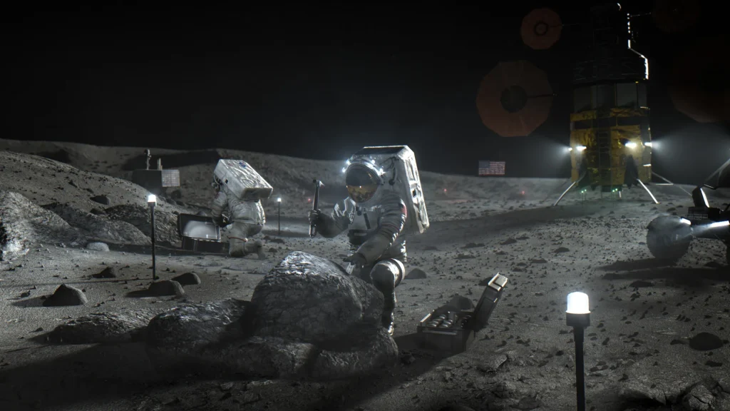 Using the standardized configuration of NASA’s SLS (Space Launch System) rocket, the agency anticipates launching this lunar surface mission by late 2028, and future missions about once per year thereafter. Artemis V is also when NASA is expected to begin building its Moon base. Credit: NASA